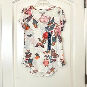 New Lucky Brand XS White Butterfly Flowers Tee Shirt Top NWT